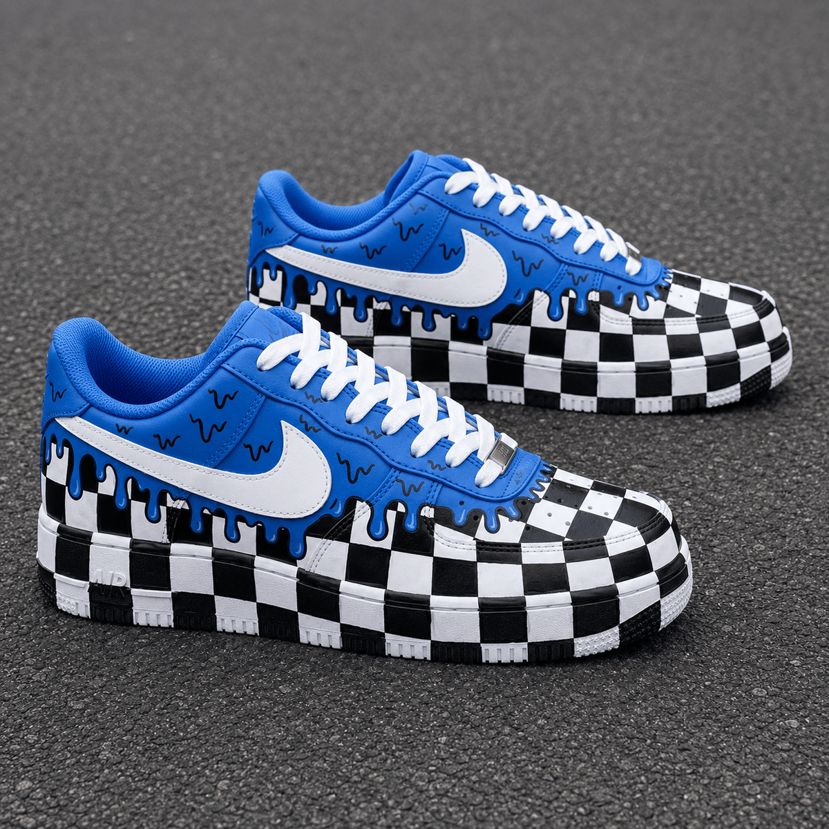 Custom Sneaker Blue Checkerboard Drip