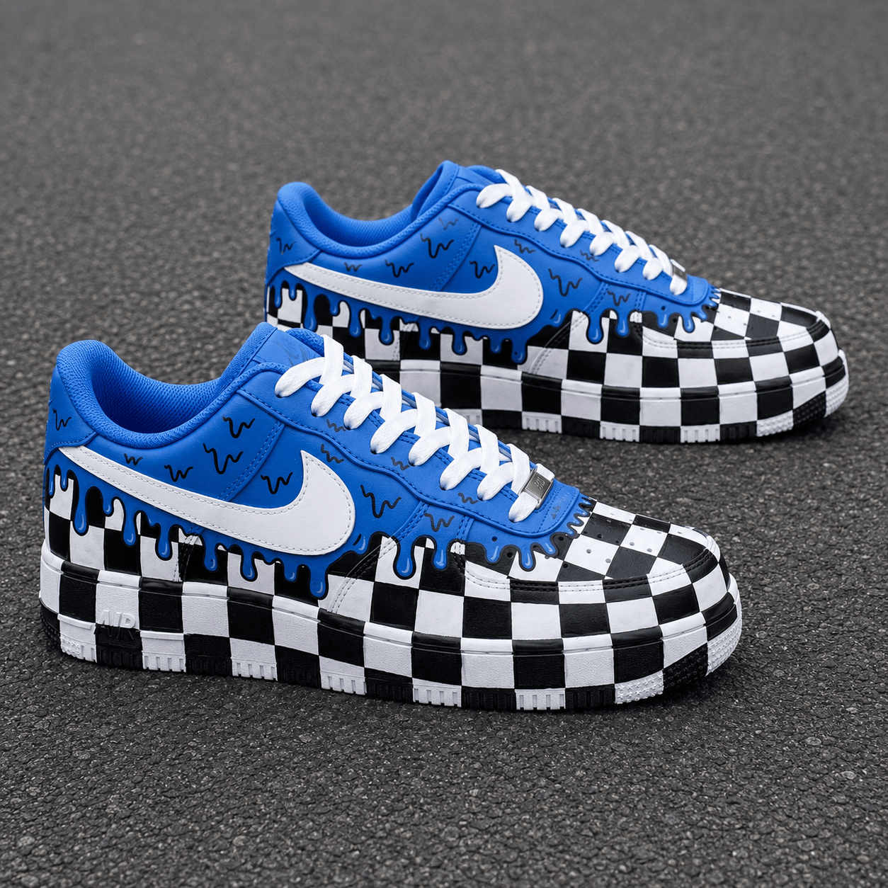 Custom Sneaker Blue Checkerboard Drip