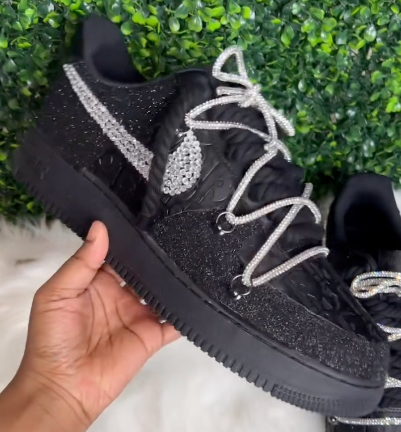 Hand Painted Black Rhinestone Custom Air Force 1 Sneakers