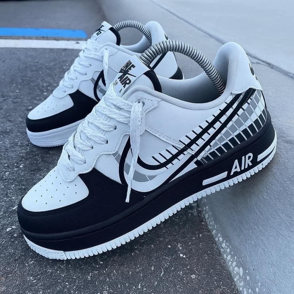 Custom Hand Painted Black White Plaid Air Force 1 Sneakers