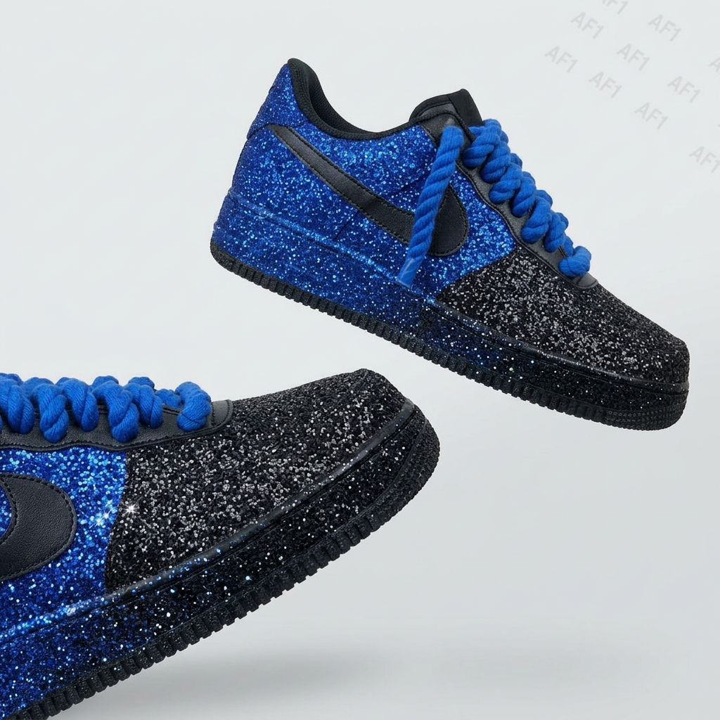 Hand Painted Blue Black Glitter Custom Air Force 1 Sneakers