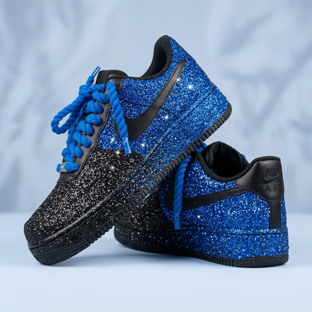Hand Painted Blue Black Glitter Custom Air Force 1 Sneakers