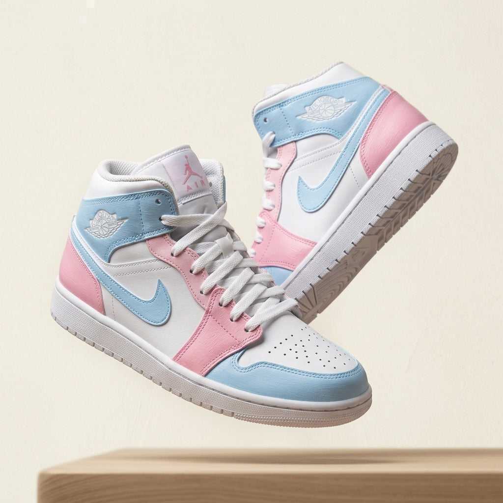 Hand Painted Pink Blue Air Jordan 1 Mid Custom Sneakers