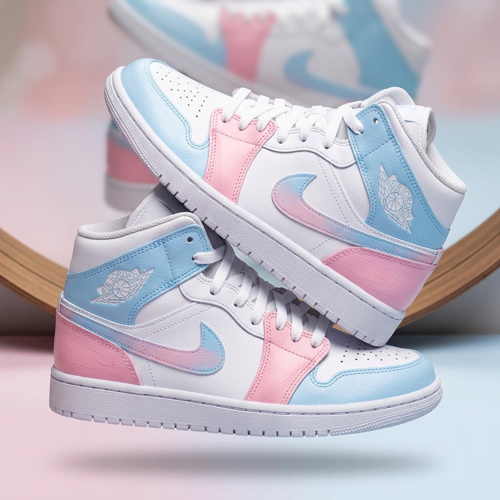 Hand Painted Pink Blue Air Jordan 1 Mid Custom Sneakers