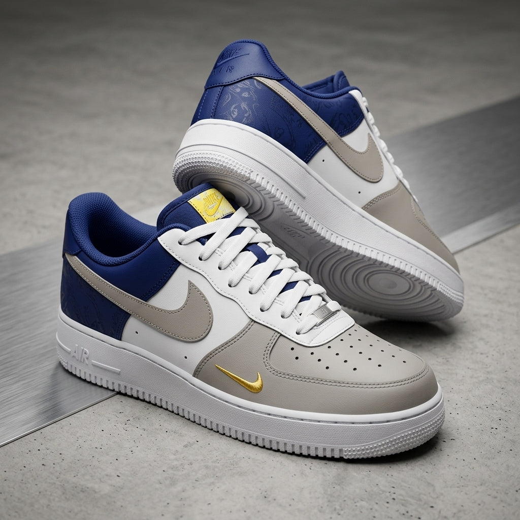 Hand Painted Custom Air Force 1 Taupe Navy Gold Sneakers