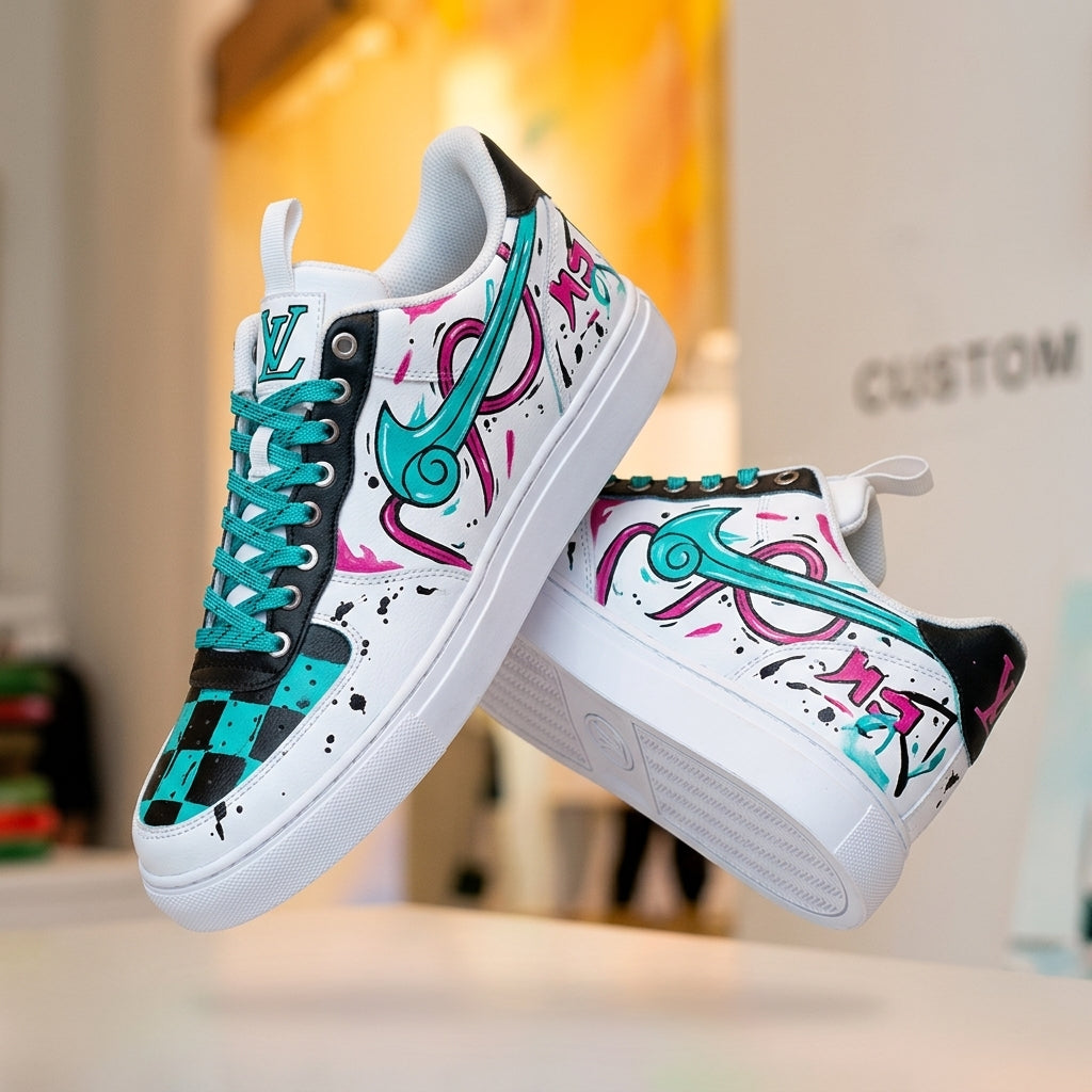 Hand Painted Teal Pink Graffiti Custom Sneakers
