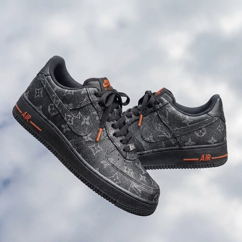 Hand Painted Black Custom Air Force 1 with Orange Accents