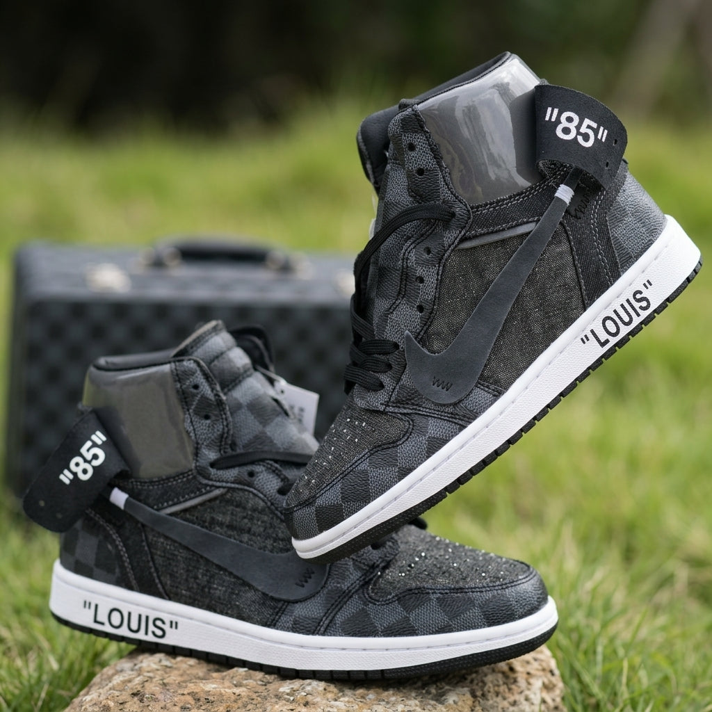 Hand Painted Black Checkerboard Custom High Top Sneakers