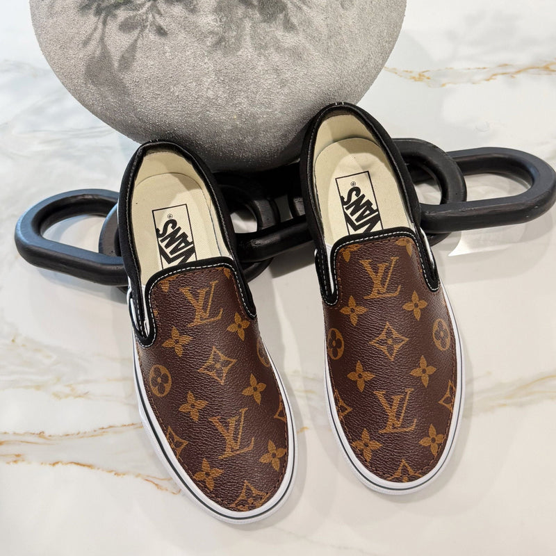 Hand Painted Brown Monogram Custom Vans Slip On Sneakers