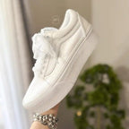 Custom Air Force 1 White Pearl Decor Bridal Custom Sneakers, Personalized Platform Wedding Shoes with Organza Ribbon Laces, Customizable Name & Date Non-slip Bride Wedding Trainers