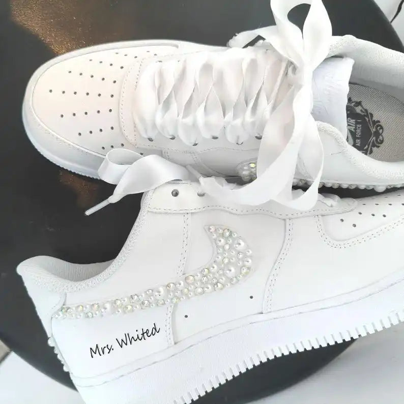 Personalized Bridal Pearl & Iridescent Rhinestone Custom Air Force 1, Custom Name Wedding Date White Satin Lace Custom Sneakers for Bride