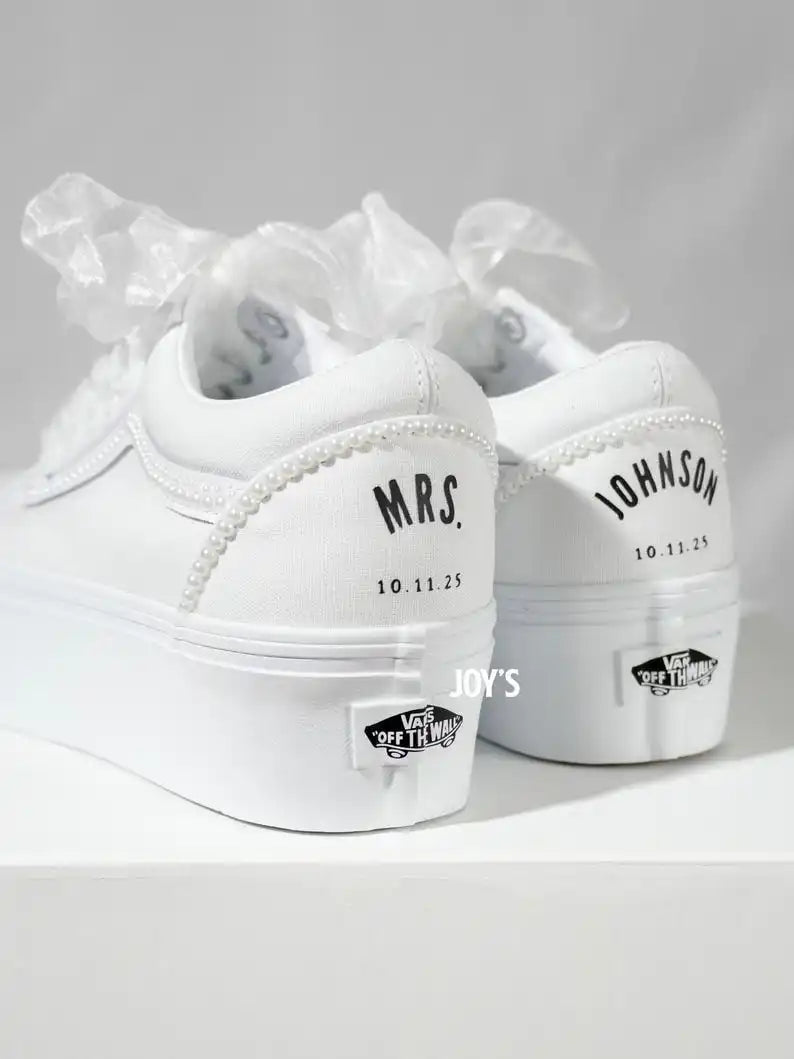 Custom Air Force 1 White Pearl Decor Bridal Custom Sneakers, Personalized Platform Wedding Shoes with Organza Ribbon Laces, Customizable Name & Date Non-slip Bride Wedding Trainers