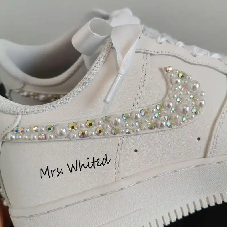 Personalized Bridal Pearl & Iridescent Rhinestone Custom Air Force 1, Custom Name Wedding Date White Satin Lace Custom Sneakers for Bride