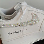 Personalized Bridal Pearl & Iridescent Rhinestone Custom Air Force 1, Custom Name Wedding Date White Satin Lace Custom Sneakers for Bride
