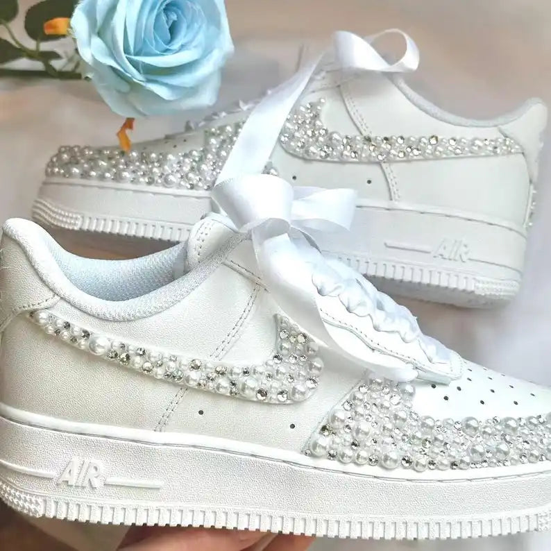 Personalized Name Date Pearl Rhinestone Decor Bridal Wedding custom air force 1, White Satin Bow Lace Comfortable Bride custom sneakers