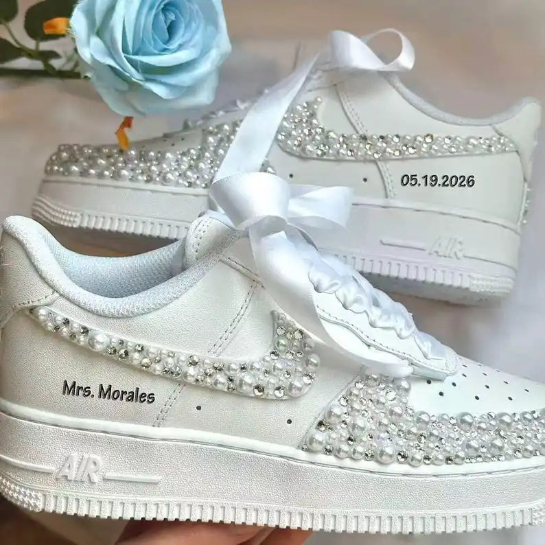 Personalized Name Date Pearl Rhinestone Decor Bridal Wedding custom air force 1, White Satin Bow Lace Comfortable Bride custom sneakers