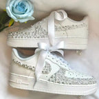 Personalized Name Date Pearl Rhinestone Decor Bridal Wedding custom air force 1, White Satin Bow Lace Comfortable Bride custom sneakers