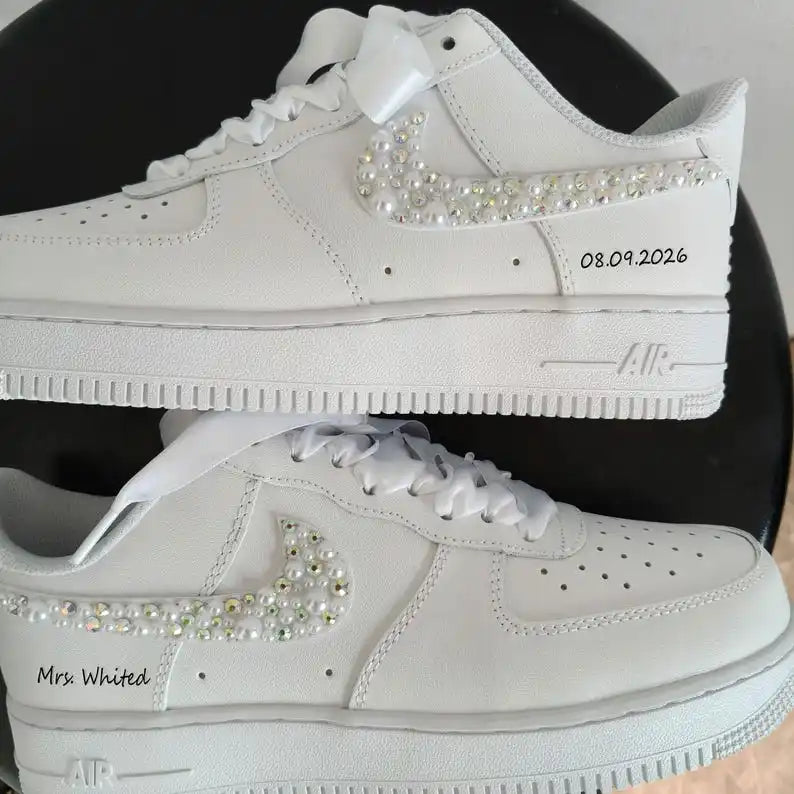 Personalized Bridal Pearl & Iridescent Rhinestone Custom Air Force 1, Custom Name Wedding Date White Satin Lace Custom Sneakers for Bride
