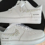Personalized Bridal Pearl & Iridescent Rhinestone Custom Air Force 1, Custom Name Wedding Date White Satin Lace Custom Sneakers for Bride