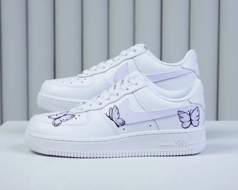 Custom Air Force 1 Custom Sneakers Hand Painted Light Purple Butterfly Women's White Aesthetic Comfortable Casual Daily Wear Shoes