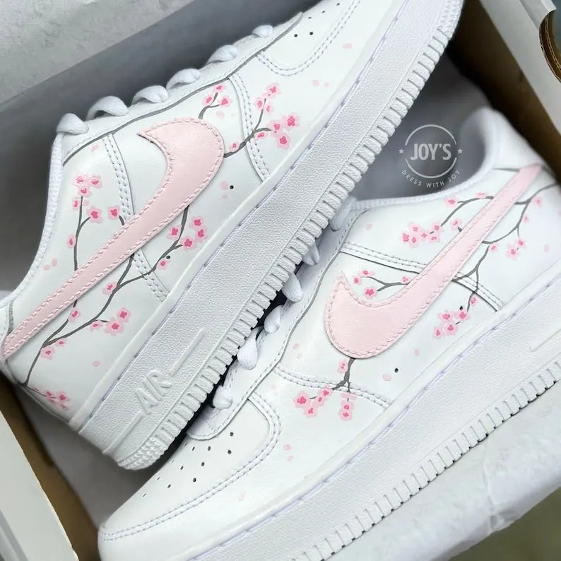 Hand Painted Pink Sakura Cherry Blossom Custom Air Force 1, Cute Aesthetic Floral Design Custom Sneakers with Optional Matching Shoelaces for Women Girls