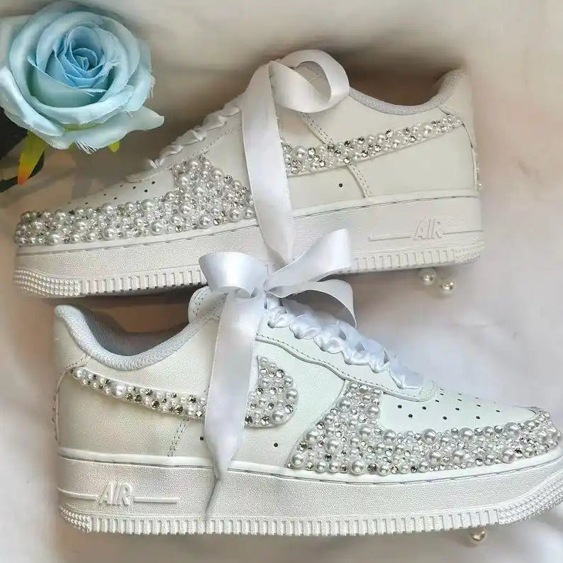 Personalized Name Date Pearl Rhinestone Decor Bridal Wedding custom air force 1, White Satin Bow Lace Comfortable Bride custom sneakers