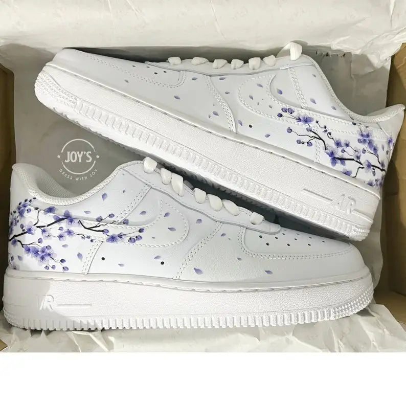 Hand-Painted Purple Cherry Blossom Custom Air Force 1, Delicate Falling Floral Petal Design with Optional Gradient Purple Laces Custom Sneakers, Aesthetic Unique Casual Shoes for Men & Women