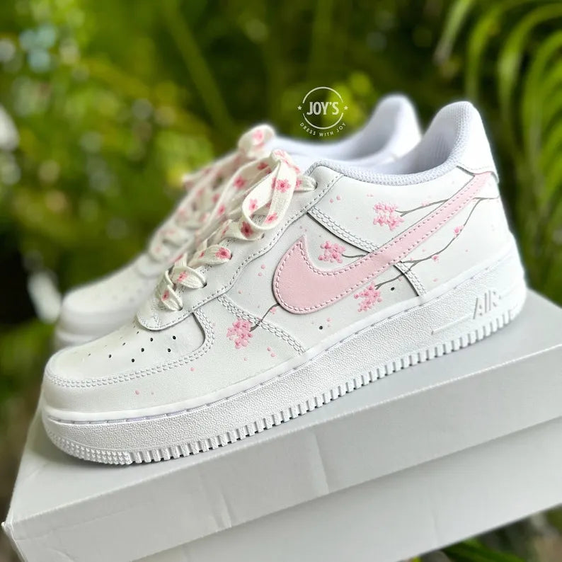 Hand Painted Pink Sakura Cherry Blossom Custom Air Force 1, Cute Aesthetic Floral Design Custom Sneakers with Optional Matching Shoelaces for Women Girls