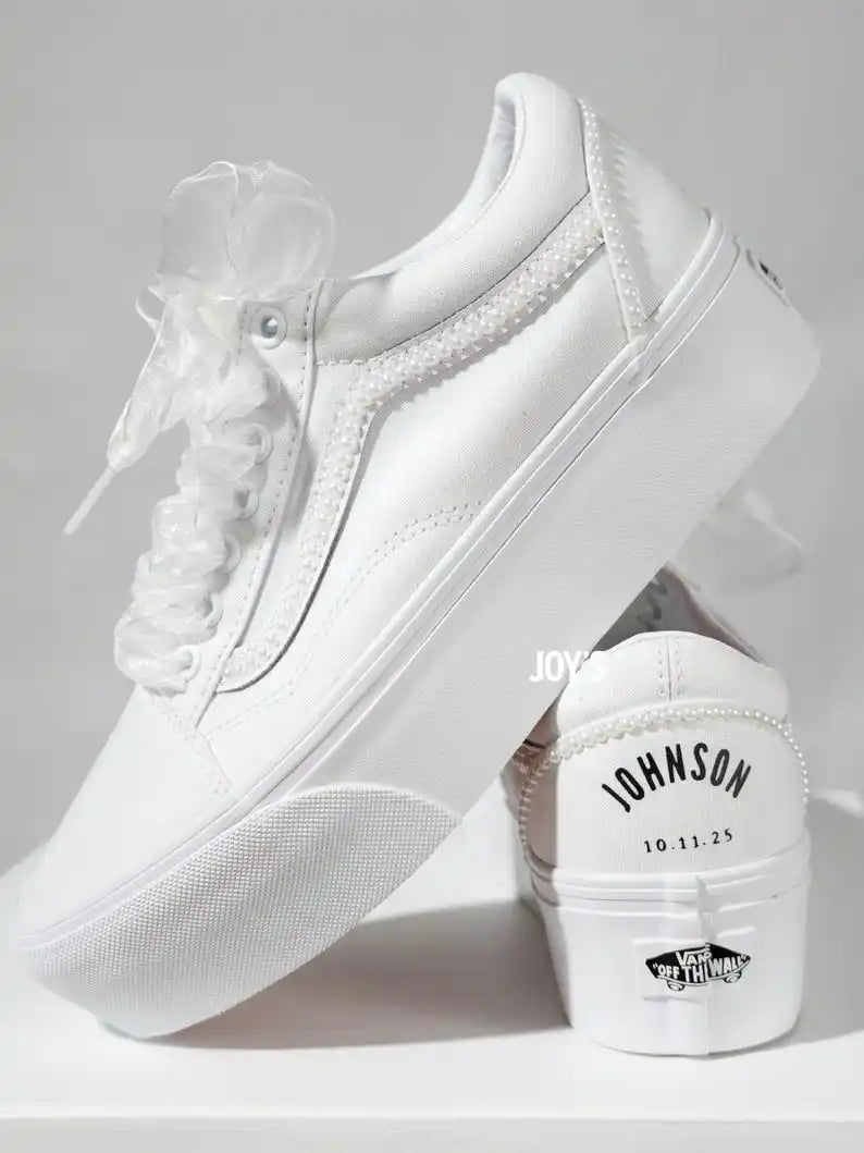 Custom Air Force 1 White Pearl Decor Bridal Custom Sneakers, Personalized Platform Wedding Shoes with Organza Ribbon Laces, Customizable Name & Date Non-slip Bride Wedding Trainers