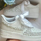 Personalized Name Date Pearl Rhinestone Decor Bridal Wedding custom air force 1, White Satin Bow Lace Comfortable Bride custom sneakers