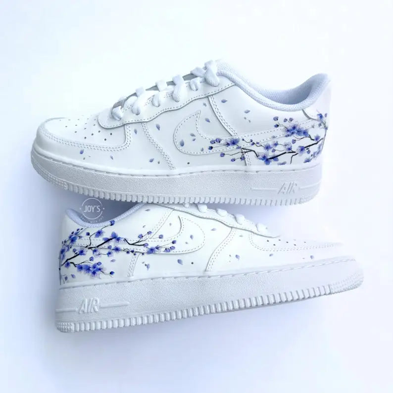 Hand-Painted Purple Cherry Blossom Custom Air Force 1, Delicate Falling Floral Petal Design with Optional Gradient Purple Laces Custom Sneakers, Aesthetic Unique Casual Shoes for Men & Women