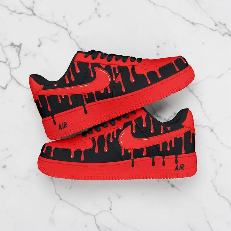 Unique Hand Painted Red Black Drip Design Custom Air Force 1 Custom Sneakers Hip Hop Streetwear Unisex Cool Trendy Casual Sports Shoes