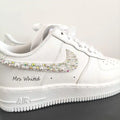 Personalized Bridal Pearl & Iridescent Rhinestone Custom Air Force 1, Custom Name Wedding Date White Satin Lace Custom Sneakers for Bride