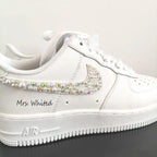 Personalized Bridal Pearl & Iridescent Rhinestone Custom Air Force 1, Custom Name Wedding Date White Satin Lace Custom Sneakers for Bride