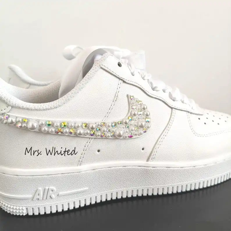 Personalized Bridal Pearl & Iridescent Rhinestone Custom Air Force 1, Custom Name Wedding Date White Satin Lace Custom Sneakers for Bride