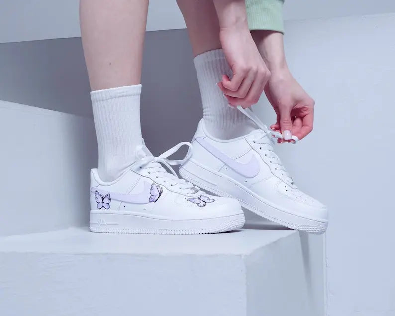 Custom Air Force 1 Custom Sneakers Hand Painted Light Purple Butterfly Women's White Aesthetic Comfortable Casual Daily Wear Shoes