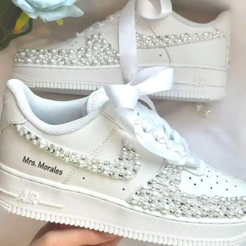 Personalized Name Date Pearl Rhinestone Decor Bridal Wedding custom air force 1, White Satin Bow Lace Comfortable Bride custom sneakers
