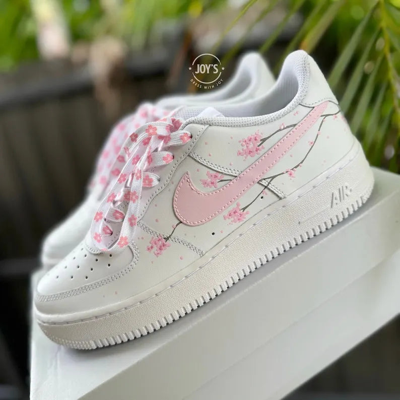 Hand Painted Pink Sakura Cherry Blossom Custom Air Force 1, Cute Aesthetic Floral Design Custom Sneakers with Optional Matching Shoelaces for Women Girls