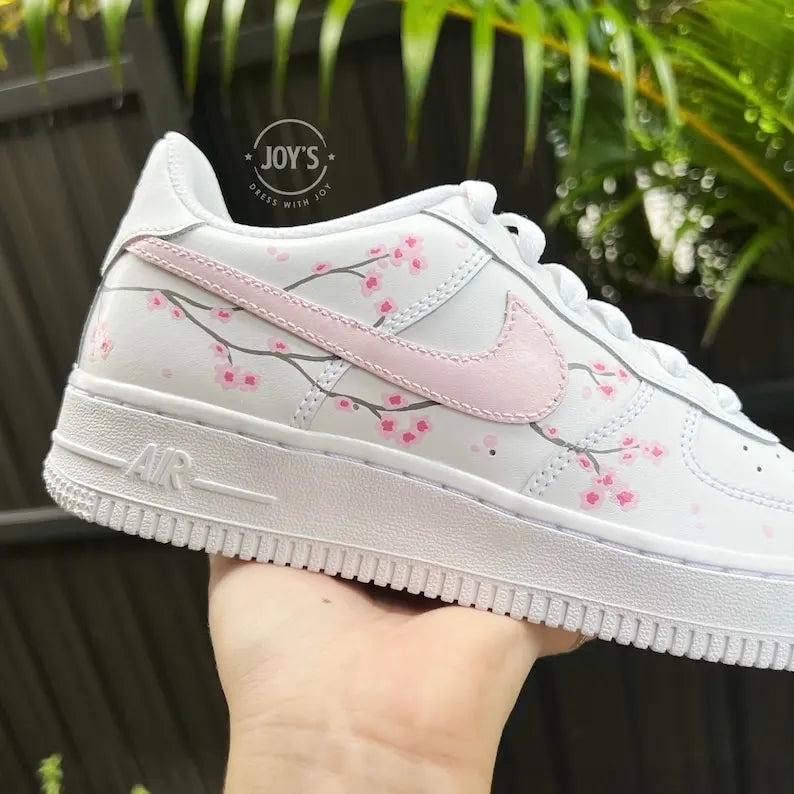 Hand Painted Pink Sakura Cherry Blossom Custom Air Force 1, Cute Aesthetic Floral Design Custom Sneakers with Optional Matching Shoelaces for Women Girls