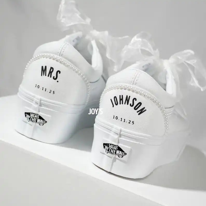 Custom Air Force 1 White Pearl Decor Bridal Custom Sneakers, Personalized Platform Wedding Shoes with Organza Ribbon Laces, Customizable Name & Date Non-slip Bride Wedding Trainers