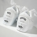 Custom Air Force 1 White Pearl Decor Bridal Custom Sneakers, Personalized Platform Wedding Shoes with Organza Ribbon Laces, Customizable Name & Date Non-slip Bride Wedding Trainers