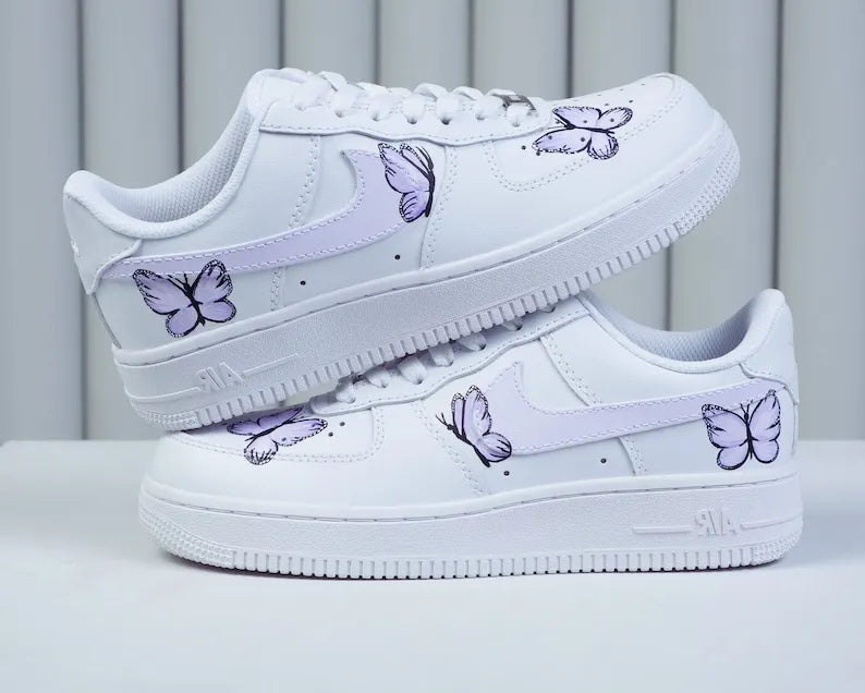 Custom Air Force 1 Custom Sneakers Hand Painted Light Purple Butterfly Women's White Aesthetic Comfortable Casual Daily Wear Shoes