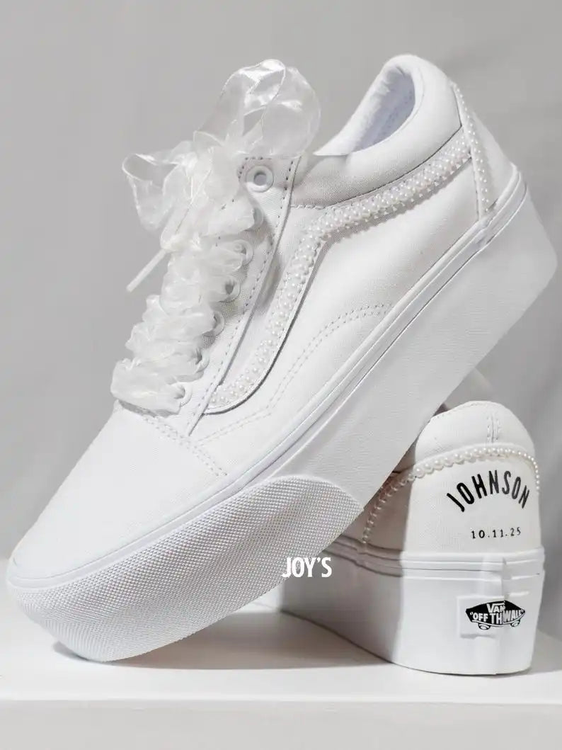 Custom Air Force 1 White Pearl Decor Bridal Custom Sneakers, Personalized Platform Wedding Shoes with Organza Ribbon Laces, Customizable Name & Date Non-slip Bride Wedding Trainers