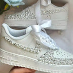 Personalized Name Date Pearl Rhinestone Decor Bridal Wedding custom air force 1, White Satin Bow Lace Comfortable Bride custom sneakers