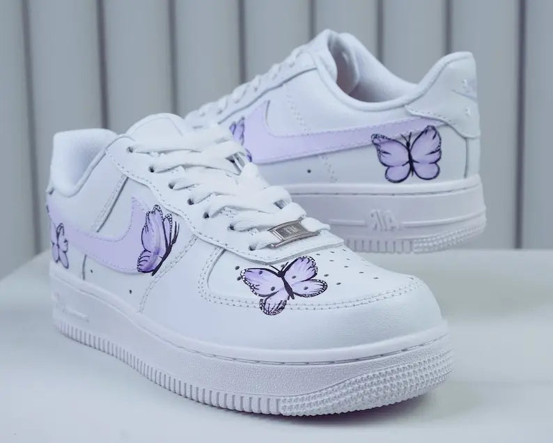 Custom Air Force 1 Custom Sneakers Hand Painted Light Purple Butterfly Women's White Aesthetic Comfortable Casual Daily Wear Shoes