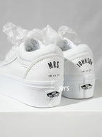 Custom Air Force 1 White Pearl Decor Bridal Custom Sneakers, Personalized Platform Wedding Shoes with Organza Ribbon Laces, Customizable Name & Date Non-slip Bride Wedding Trainers