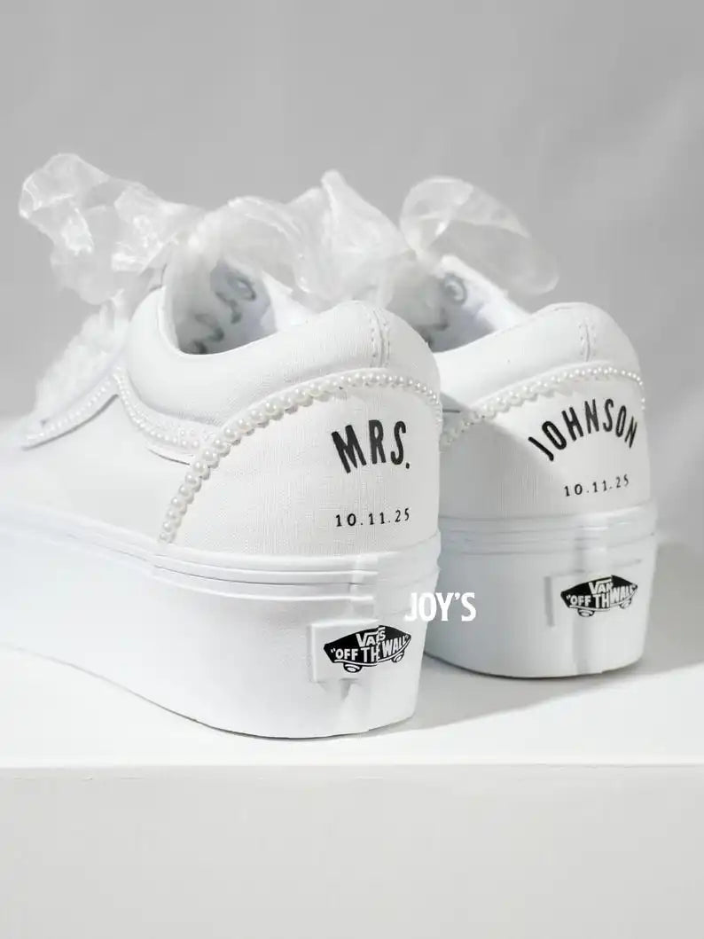 Custom Air Force 1 White Pearl Decor Bridal Custom Sneakers, Personalized Platform Wedding Shoes with Organza Ribbon Laces, Customizable Name & Date Non-slip Bride Wedding Trainers