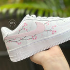 Hand Painted Pink Sakura Cherry Blossom Custom Air Force 1, Cute Aesthetic Floral Design Custom Sneakers with Optional Matching Shoelaces for Women Girls