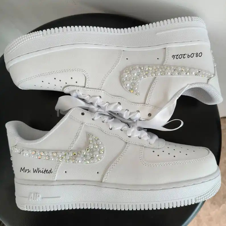 Personalized Bridal Pearl & Iridescent Rhinestone Custom Air Force 1, Custom Name Wedding Date White Satin Lace Custom Sneakers for Bride