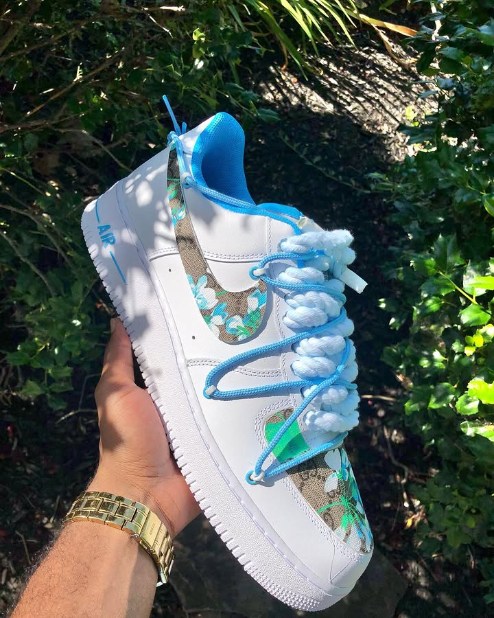 Hand Painted Blue Floral Custom Air Force 1 Sneakers